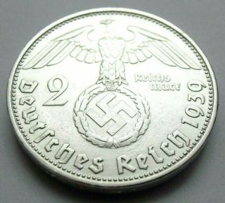 (386) Wwii German 2 Mark - 1939 D - Silver - Coin Big Swastika