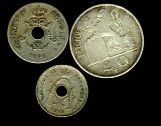3 Belgium Silver Coins,  20 Fr,  10 Centimes,  1905,  5 Centimes,  1928 Year