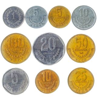 10 Different Coins From Costa Rica.  Central American Collectible Money: Colones