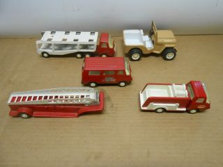Vintage Metal Tonka Toy Trucks Fire Cheif Hose Truck Jeep Car Hauler Etc