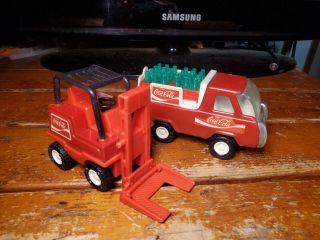 Buddy L Coca Cola Truck And Fork Lift Truck With 2 Cases Of Coke Bottles