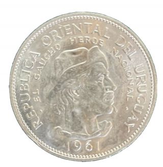 1961 Republic Del Uruguay 10 Pesos Gaucho 900 Silver Coin