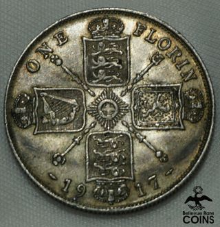 1917 U.  K.  King George V 1 Florin Sterling Silver Coin KM 817 Details 2