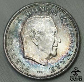 1964 Denmark 5 Kroner Silver Coin Km 854 Rainbow Toning