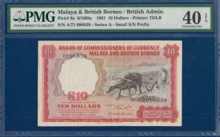 Malaya & British Borneo 10 Dollars 1961 P9a X/f Pmg 40 Epq Farmer Ox