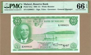 Malawi: 1 Pound Banknote,  (unc Pmg66),  P - 3aa,  Scarce,  1964,
