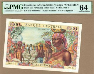 Equatorial African States: 1000 Francs Banknote,  (unc Pmg64),  P - 5cs,  Scarce,  1963
