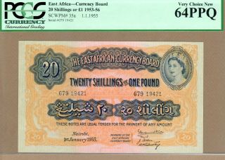 East Africa: 20 Shillings Or 1 Pound Banknote,  (unc Pcgs64),  P - 35,  01.  01.  1955,  No