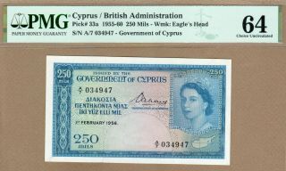 Cyprus: 250 Mils Banknote,  (unc Pmg64),  P - 33a,  01.  02.  1956,