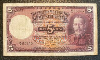 Straits Settlements 5 Dollars 1935 George V,  B/9.  Pick 17b.  Abt.  Fine.