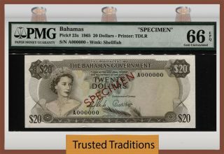 Tt Pk 23s 1965 Bahamas 20 Dollars Specimen Queen Elizabeth Ii Pmg 66 Epq Gem Unc