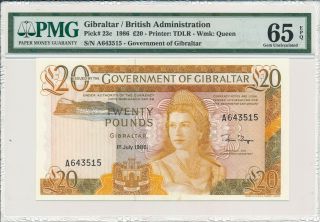 Government Of Gibraltar Gibraltar 20 Pounds 1986 Prefix A Pmg 65epq
