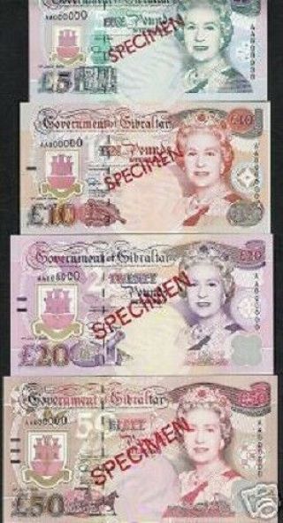 Gibraltar 5 10 20 50 Pound Specimen P25 26 27 28 1995 Unc Banknote Churchill Set
