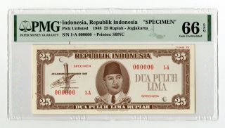 Republik Indonesia 1948,  25 Rupiah,  Specimen Essay Banknote Pmg Gem Unc 66 Epq
