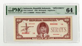 Republik Indonesia 1948,  100 Rupiah,  Specimen Banknote Pmg Cu 64