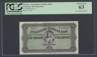 Sweden Stockholms Enskilda Bank 10 Kronor 1876 Ps511s Litt C Specimen Unc