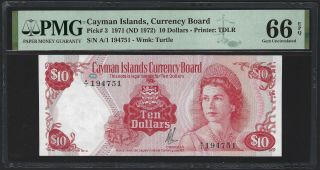 Cayman Islands $10 Dollars 1971 (1972),  P - 3,  Pmg 66 Epq Gem Unc,  Qeii Note " A/1 "