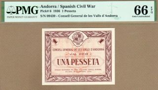 Andorra: 1 Pesseta Banknote,  (unc Pmg66),  P - 6,  19.  12.  1936,