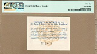 ANDORRA: 1 Pesseta Banknote,  (UNC PMG66),  P - 6,  19.  12.  1936, 2