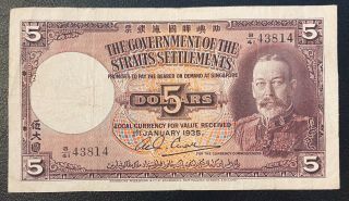 Straits Settlements 5 Dollars 1935 George V Pick 17b Presentable Fine.