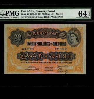 East Africa 20 Shillings Or 1 Pound 1955 P - 35 Pmg Unc 64 Epq Queen Elizabeth