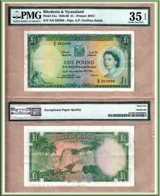 1956 One Pound Rhodesia & Nyasaland,  Qe2 Note.  Pmg Choice Vf35 Epq