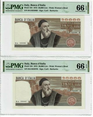 Italy - Two Consecutive Notes 20,  000 Lire 1975 Pick 104 Pmg Gem Unc 66 Epq Pair
