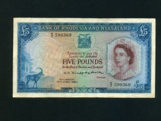 Rhodesia & Nyasaland:p - 22a,  5 Pounds,  1960 Queen Elizabeth Ii Vf