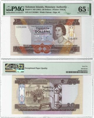 Solomon Islands 20 Dollars 1981,  P - 8 Monetary Auth.  Pmg 65 Epq Gem Unc,  Rare