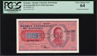 Katanga 50 Francs 1960 Specimen Pcgs 64 Very Choice Unc P 7s Zz
