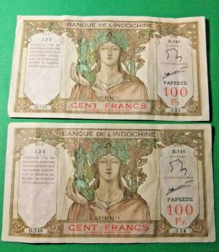 Rare 2 Consecutive 1939 - 1965 Tahiti 100 Francs Bank Notes - Pic14d - Vf30/ef