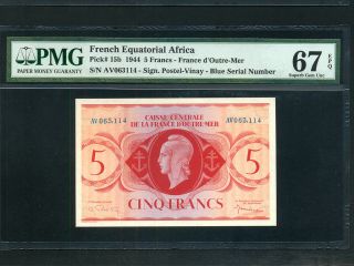 French Equatorial Africa:p - 15b,  5 Francs,  1944 Wwii Pmg S.  Gem Unc 67 Epq