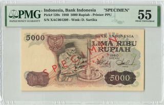 Indonesia 5000 Rupiah 1980 Specimen Pick 120s Pmg About Uncirculated 55
