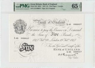 1947 Bank Of England London 5 Pounds Peppiatt X - Rare ( (pmg 65 Epq))