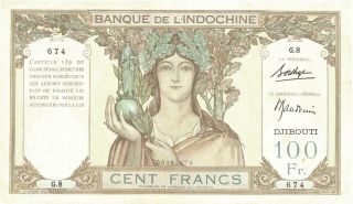 French Somaliland Djibouti 100 Francs Currency Banknote 1928 Vf/xf