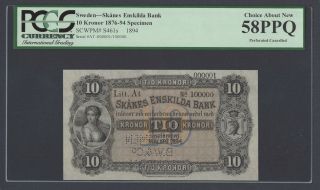Sweden Skanes Enskilda Bank 10 Kronor 1894 Ps461bs Litt At Specimen Aunc