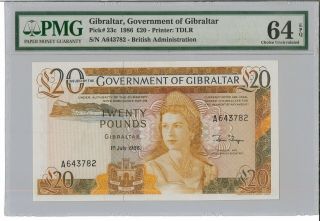 1986 Gibraltar British P 23c £20 Pound Queen Elizabeth Ii Pmg 64 Choice Unc Epq
