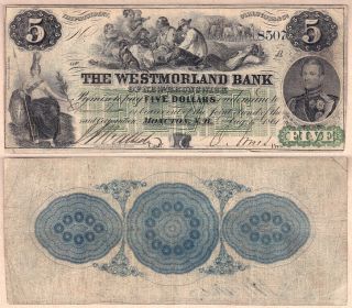 1861 $5 Westmorland Bank Of Brunswick; Charlton 800 - 12 - 06.  F/vf