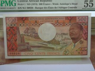 CENTRAL AFRICAN REPUBLIC 500 Francs 1974 pmg 55 antelops head rare /920 3