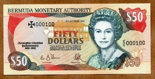 Bermuda 50 Dollars 12.  10.  1992 Pick 44a Number 000100 Qeii Queen Elizabeth