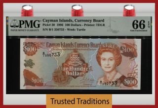 Tt Pk 20 1996 Cayman Islands 100 Dollars Queen Elizabeth Ii Pmg 66 Epq Gem Unc