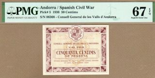 Andorra: 50 Centims Banknote,  (unc Gem Pmg67),  P - 5,  19.  12.  1936,