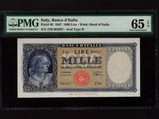 Italy:p - 83,  1000 Lire,  1947 Italia Pmg Gem Unc 65 Epq