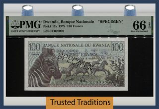 Tt Pk 12s 1978 Rwanda Banque 100 Francs Zebra Specimen Pmg 66q Scarcely Graded