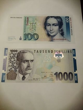 Austria Banknote 1000 Schilling,  1997 And 100 Dm Mark 1991,  Au/au,