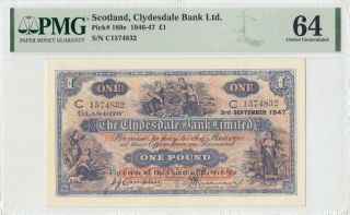1947 Clydesdale Bank Scotland 1 Pound " Campbell " X - Rare ( (pmg 64))
