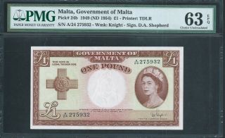Malta £1 P24b 1949 (1954) Qeii Pmg 63 Epq Choice Unc