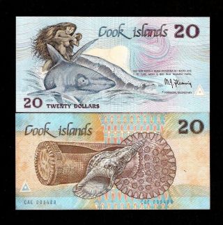 Cook Islands 20 Dollars P5 B 1987 Shark Shell Turtle Unc Drum Pacific Money Note