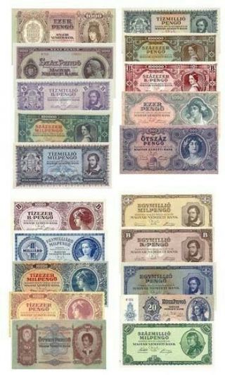 Hungary Set Of 20 Different Pengo And Milpengo Notes Rare High Denominations