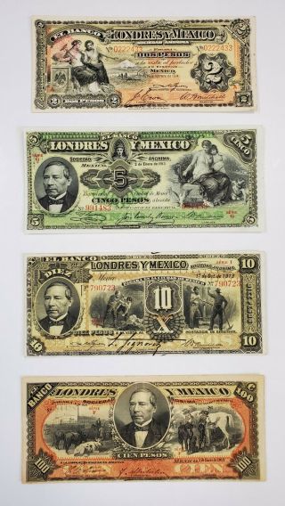 1913 - 1914 El Banco De Londres Y Mexico 2,  5,  10,  & 100 Peso Notes